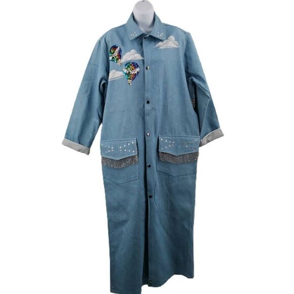 Vintage Long Denim Trench Coat with Hot Air Balloons & Beaded Fringe | Size M (F - Picture 2 of 5